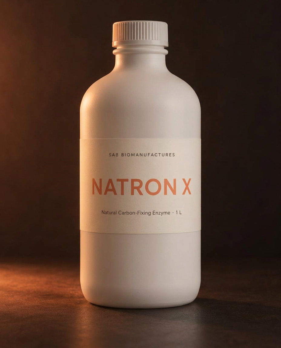 A one litre opaque white bottle of Natron X natural carbon-fixing enzyme, labelled SAB BIOMANUFACTURES