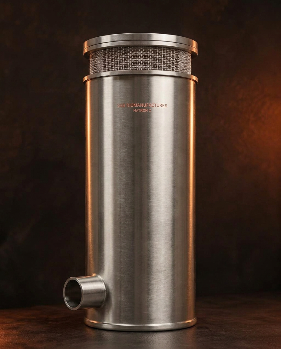 The Natron X bio-filter unit, a simple brushed steel cylinder with a mesh intake screen and the words SAB BIOMANUFACTURES, NATRON X on the body